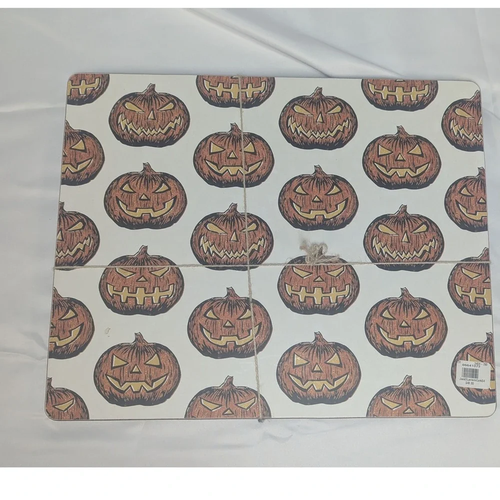 Pottery Barn Placemats Set of 4 Orange Jack O Lantern Scary Pumpkin Cork New
